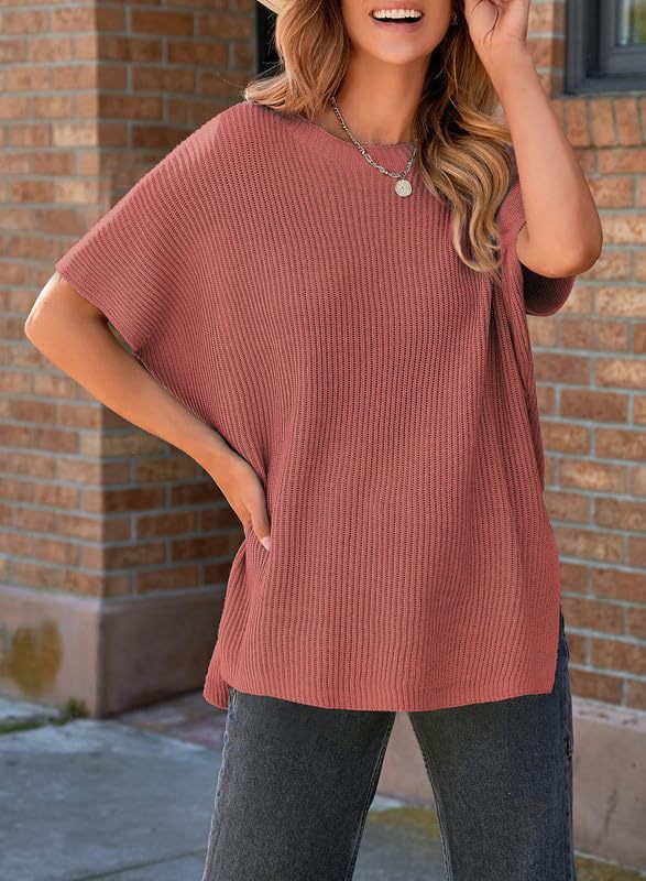 Women’s Oversized Knit Pullover Top – Puff Sleeve Round Neck Cotton Knitwear