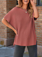 Women’s Oversized Knit Pullover Top – Puff Sleeve Round Neck Cotton Knitwear