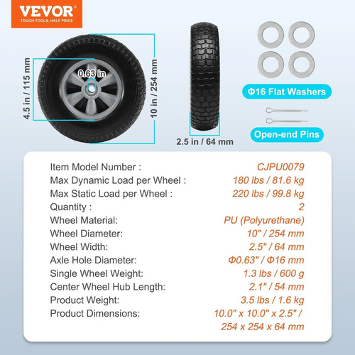 10" Solid PU Flat-Free Tire Wheel 2-Pack – 180–400 lb Load Capacity