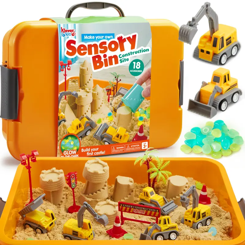 Klever Kits Sensory Bin for Toddlers – Sandbox with Lid, Glow-in-the-Dark Stones, 7 Themes