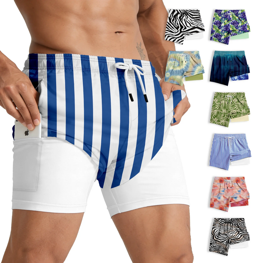 Men's 2-in-1 Swim Trunks – 6" Compression Liner, Quick-Dry, Zipper Pockets | S–2XL
