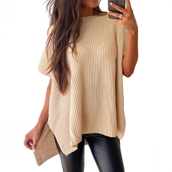 Women’s Oversized Knit Pullover Top – Puff Sleeve Round Neck Cotton Knitwear
