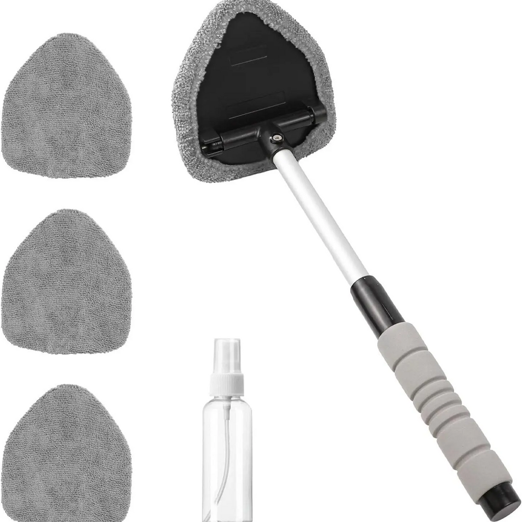Car Windshield Cleaner – Extendable Handle, 180° Swivel Head & 3 Washable Microfiber Pads | Interior & Exterior