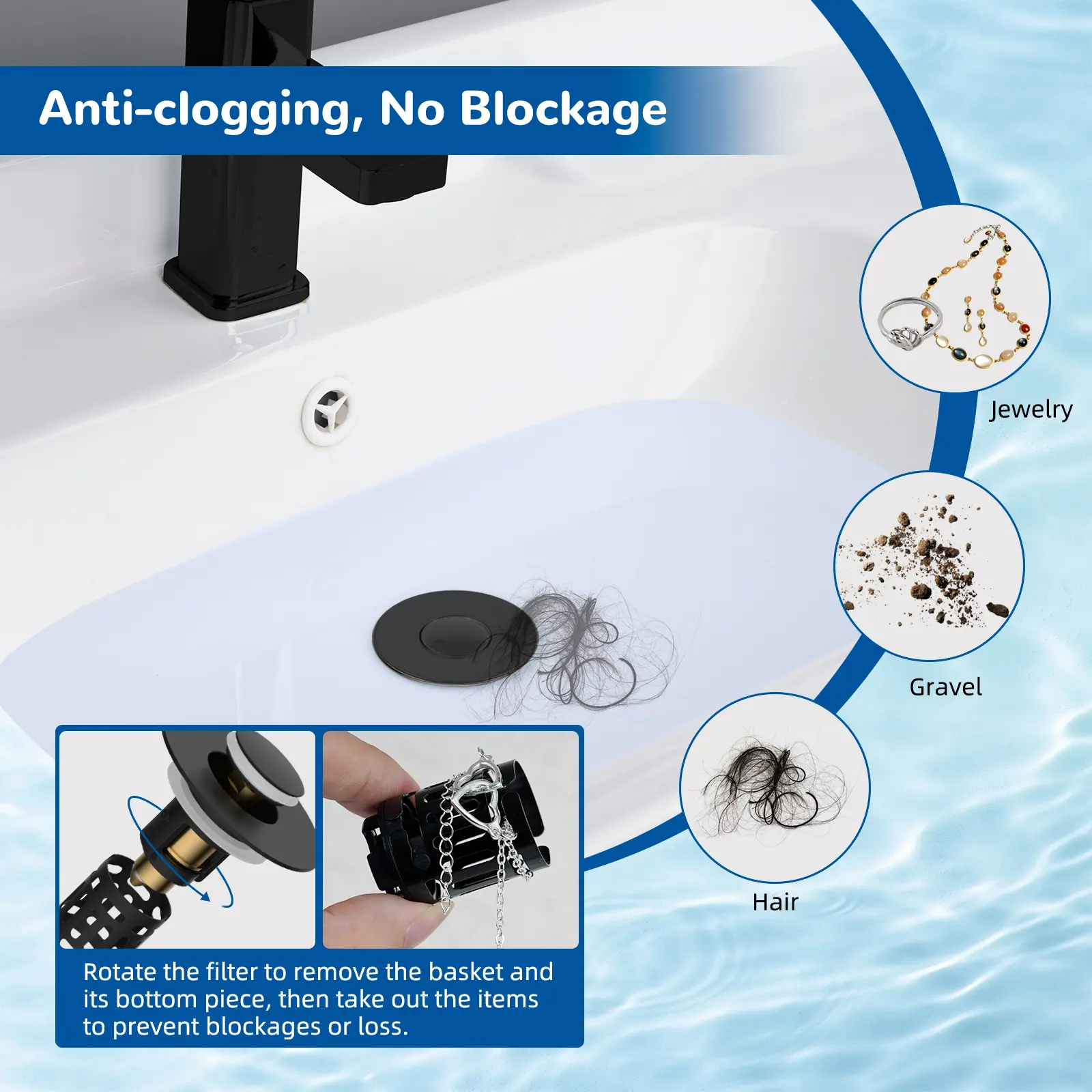 3-in-1 Bathroom Sink Drain Strainer with Pop-Up Stopper – Removable Stainless Steel Basket, Anti-Clog | Fits 1.1–2.36" Drains