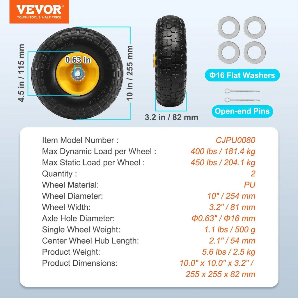 10" Solid PU Flat-Free Tire Wheel 2-Pack – 180–400 lb Load Capacity