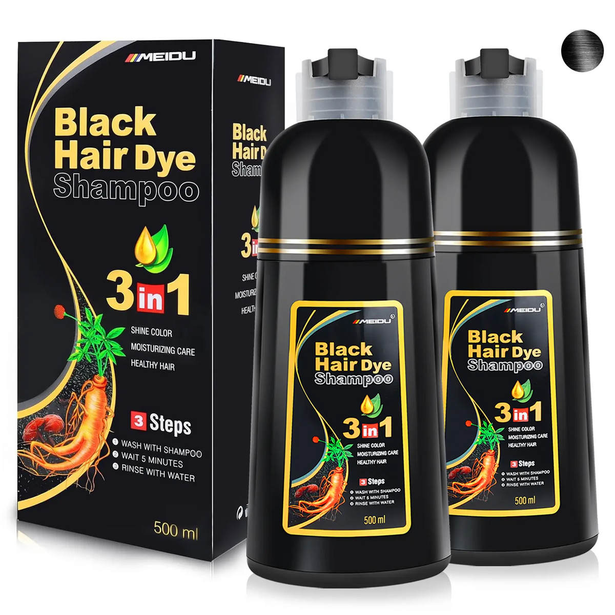MEIDU 3-in-1 Herbal Hair Dye Shampoo – Ginseng, Grey Coverage, No Bleach