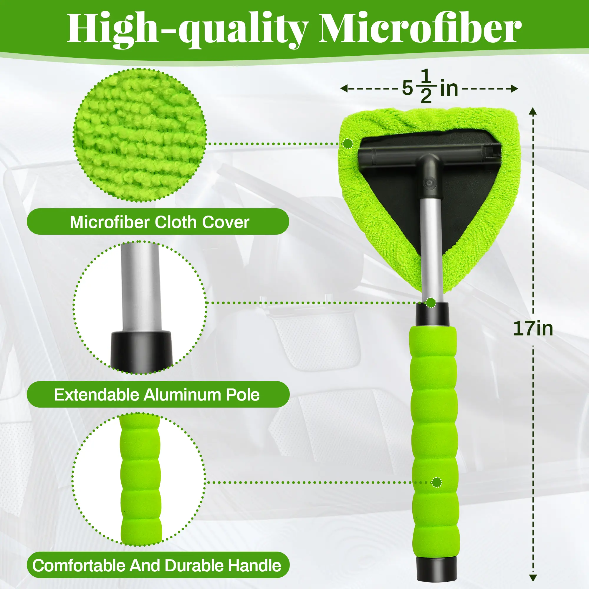 Car Windshield Cleaner – Extendable Handle, 180° Swivel Head & 3 Washable Microfiber Pads | Interior & Exterior