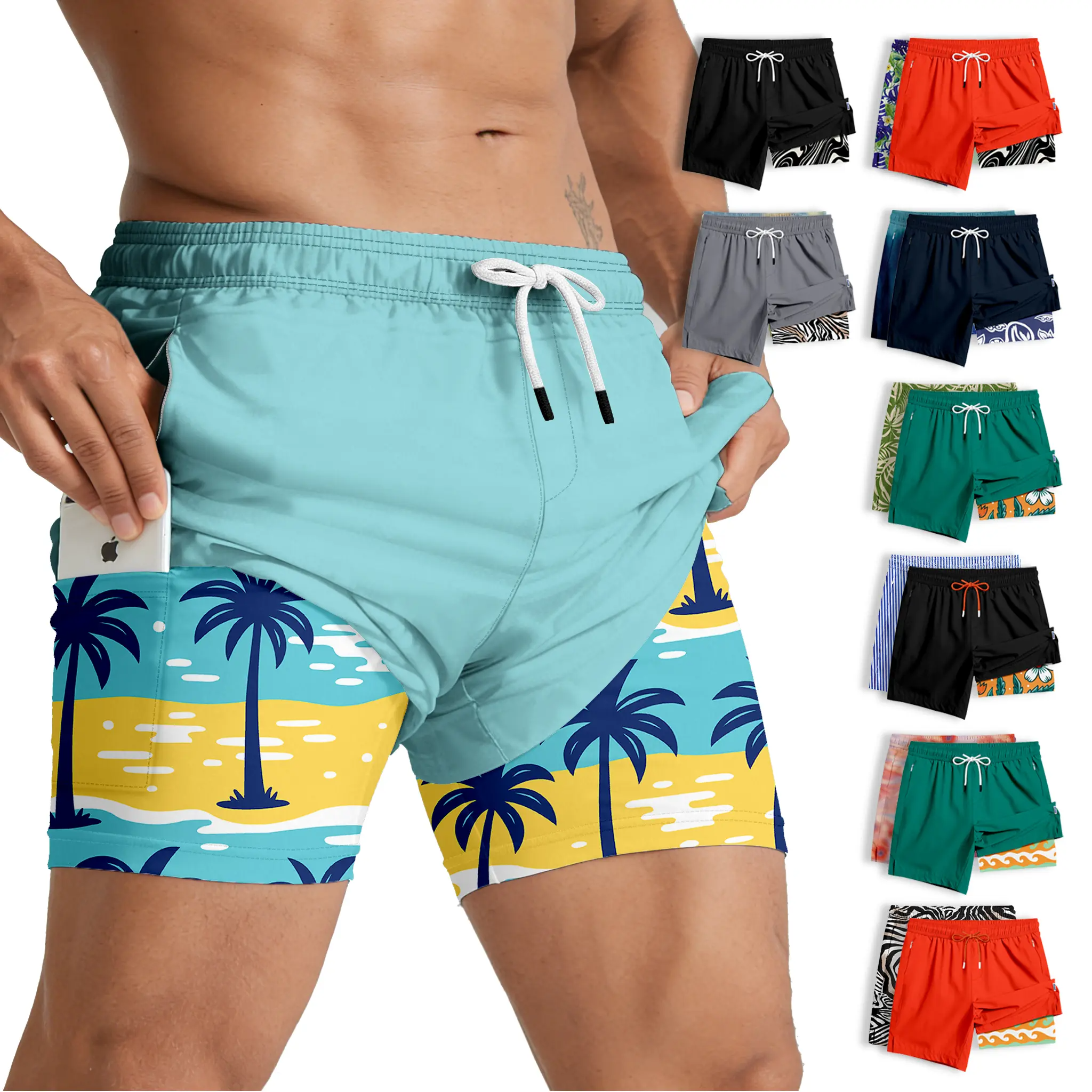 Men's 2-in-1 Swim Trunks – 6" Compression Liner, Quick-Dry, Zipper Pockets | S–2XL