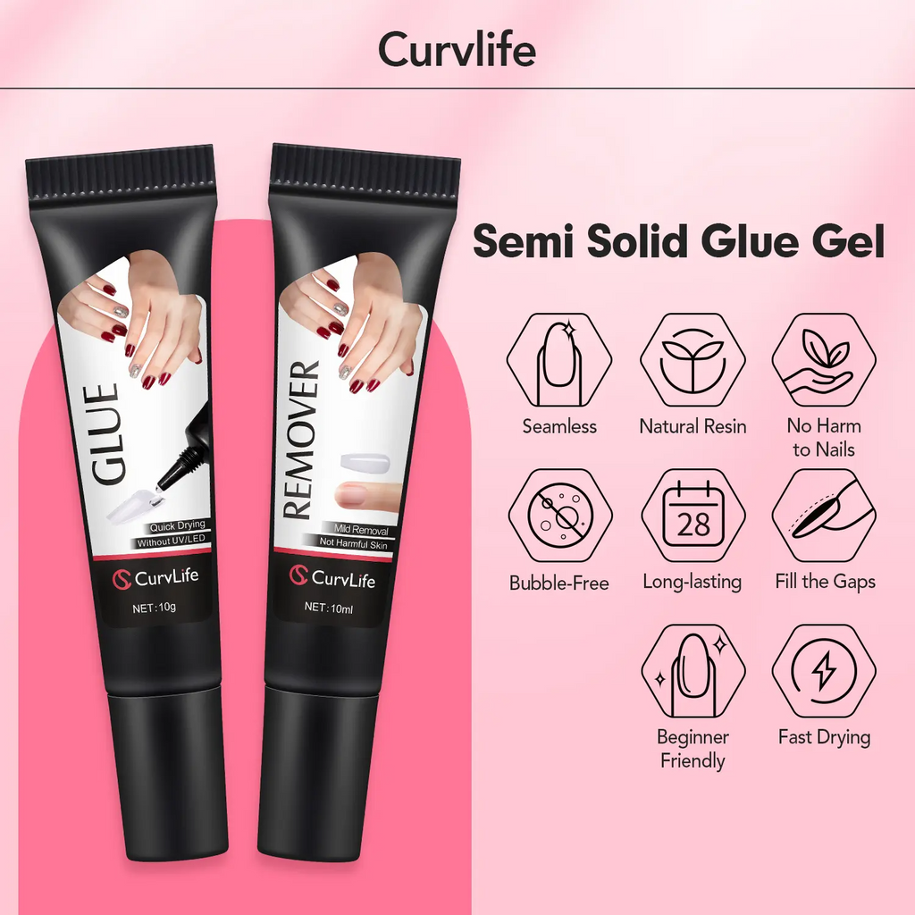 Nail Glue & Remover Kit | Quick-Dry Semi-Solid Press-On Nail Adhesive Gel – No UV Lamp Needed