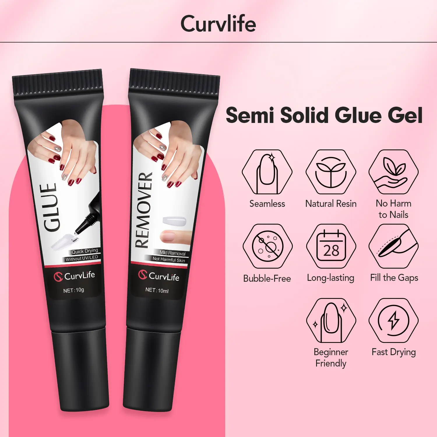 Nail Glue & Remover Kit | Quick-Dry Semi-Solid Press-On Nail Adhesive Gel – No UV Lamp Needed