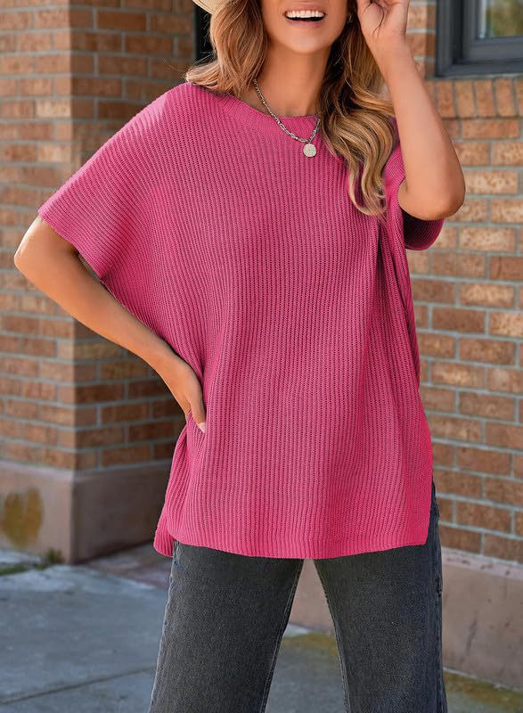 Women’s Oversized Knit Pullover Top – Puff Sleeve Round Neck Cotton Knitwear