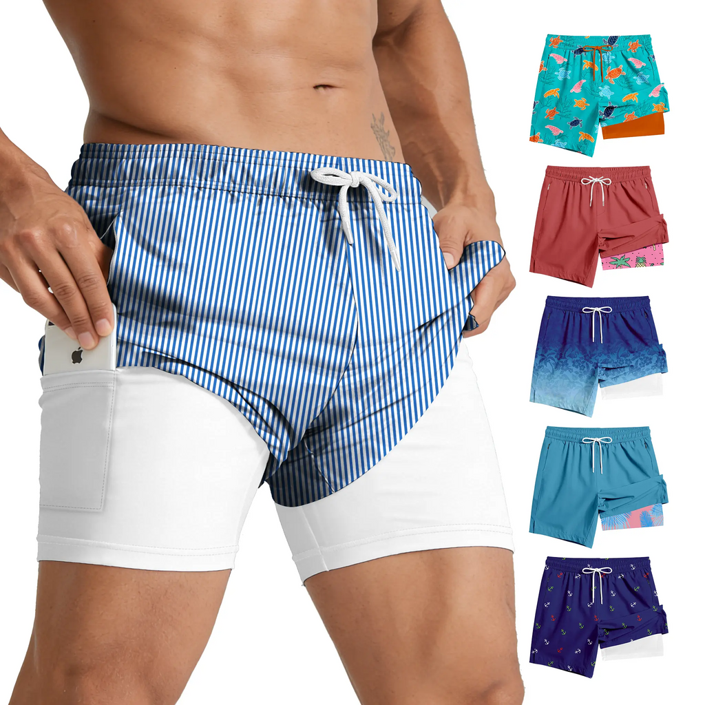Men's 2-in-1 Swim Trunks – 6" Compression Liner, Quick-Dry, Zipper Pockets | S–2XL