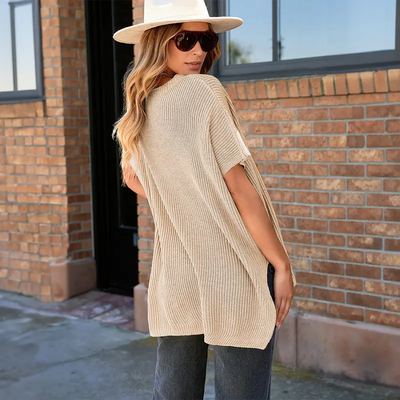 Women’s Oversized Knit Pullover Top – Puff Sleeve Round Neck Cotton Knitwear