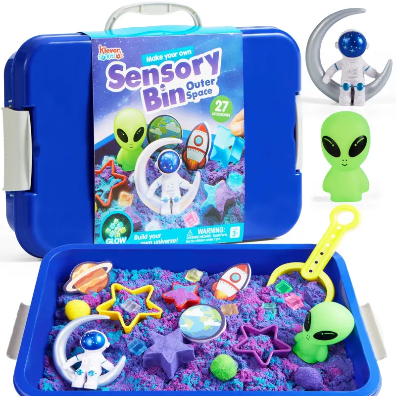 Klever Kits Sensory Bin for Toddlers – Sandbox with Lid, Glow-in-the-Dark Stones, 7 Themes