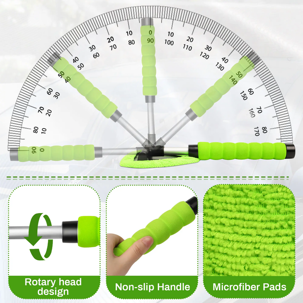 Car Windshield Cleaner – Extendable Handle, 180° Swivel Head & 3 Washable Microfiber Pads | Interior & Exterior