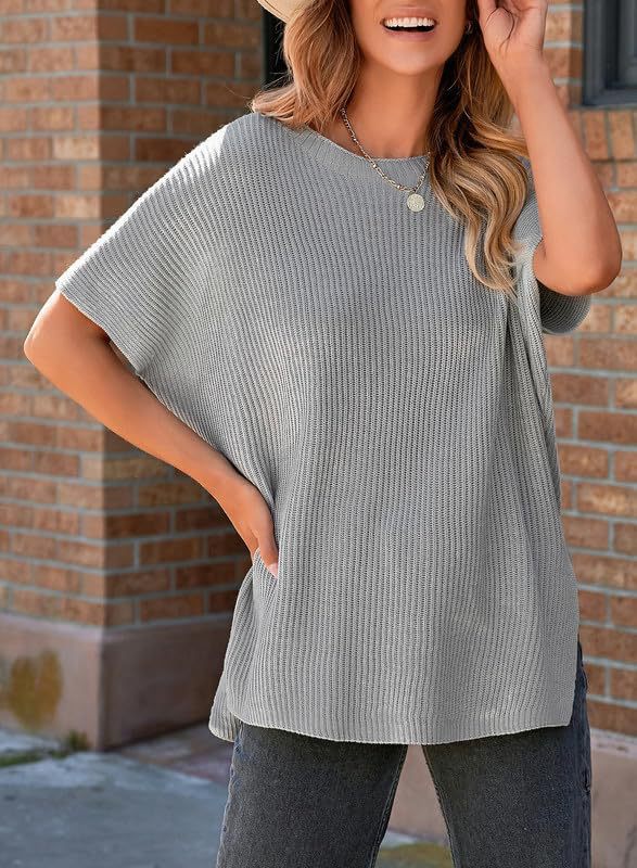 Women’s Oversized Knit Pullover Top – Puff Sleeve Round Neck Cotton Knitwear