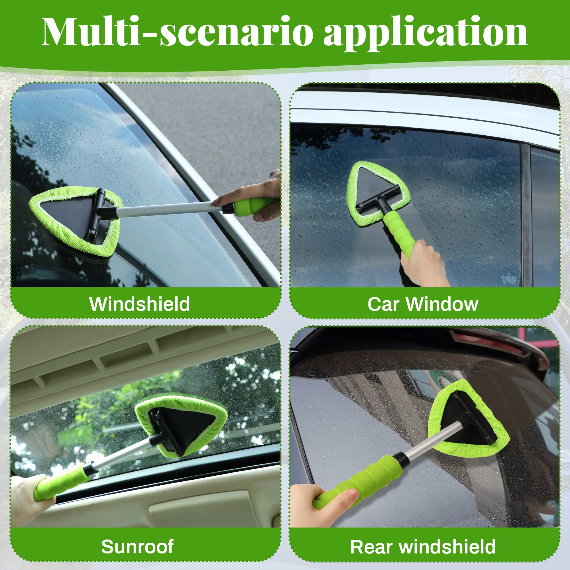 Car Windshield Cleaner – Extendable Handle, 180° Swivel Head & 3 Washable Microfiber Pads | Interior & Exterior