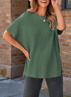 Women’s Oversized Knit Pullover Top – Puff Sleeve Round Neck Cotton Knitwear