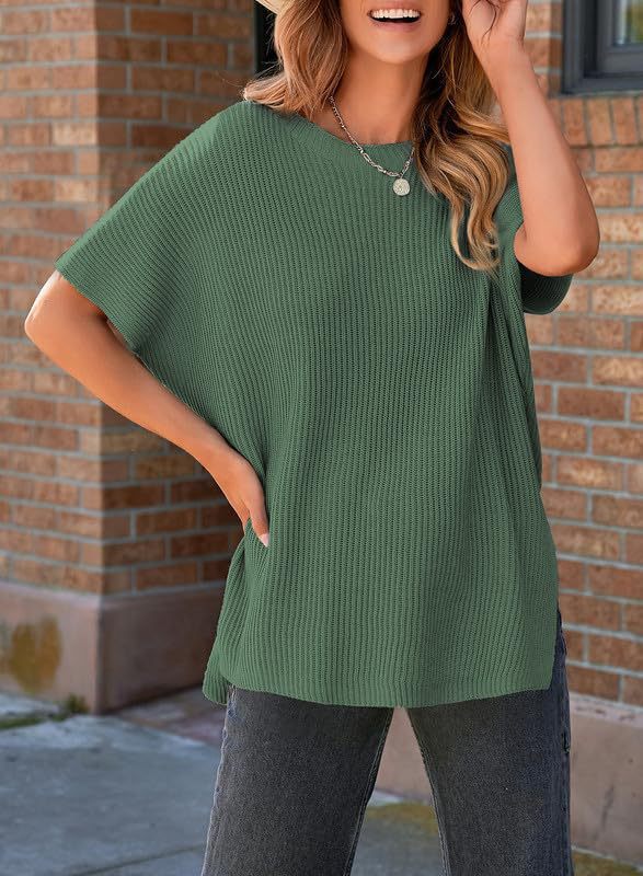 Women’s Oversized Knit Pullover Top – Puff Sleeve Round Neck Cotton Knitwear