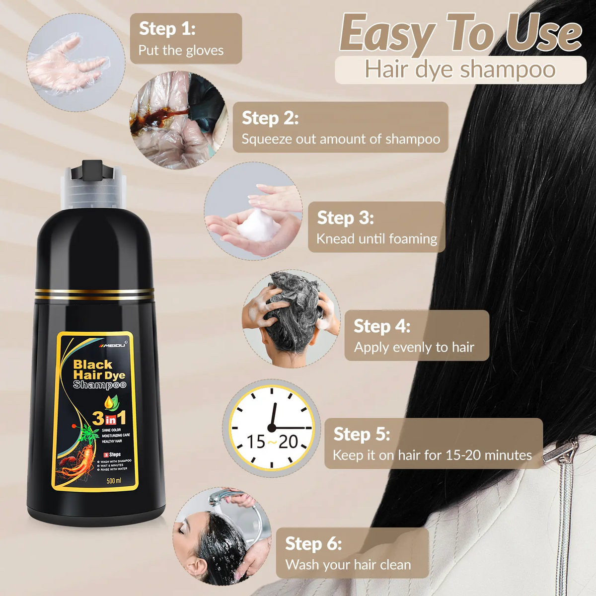 MEIDU 3-in-1 Herbal Hair Dye Shampoo – Ginseng, Grey Coverage, No Bleach