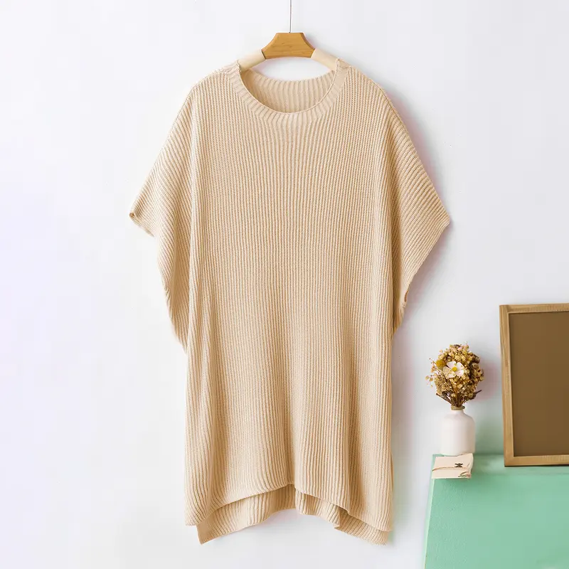 Women’s Oversized Knit Pullover Top – Puff Sleeve Round Neck Cotton Knitwear