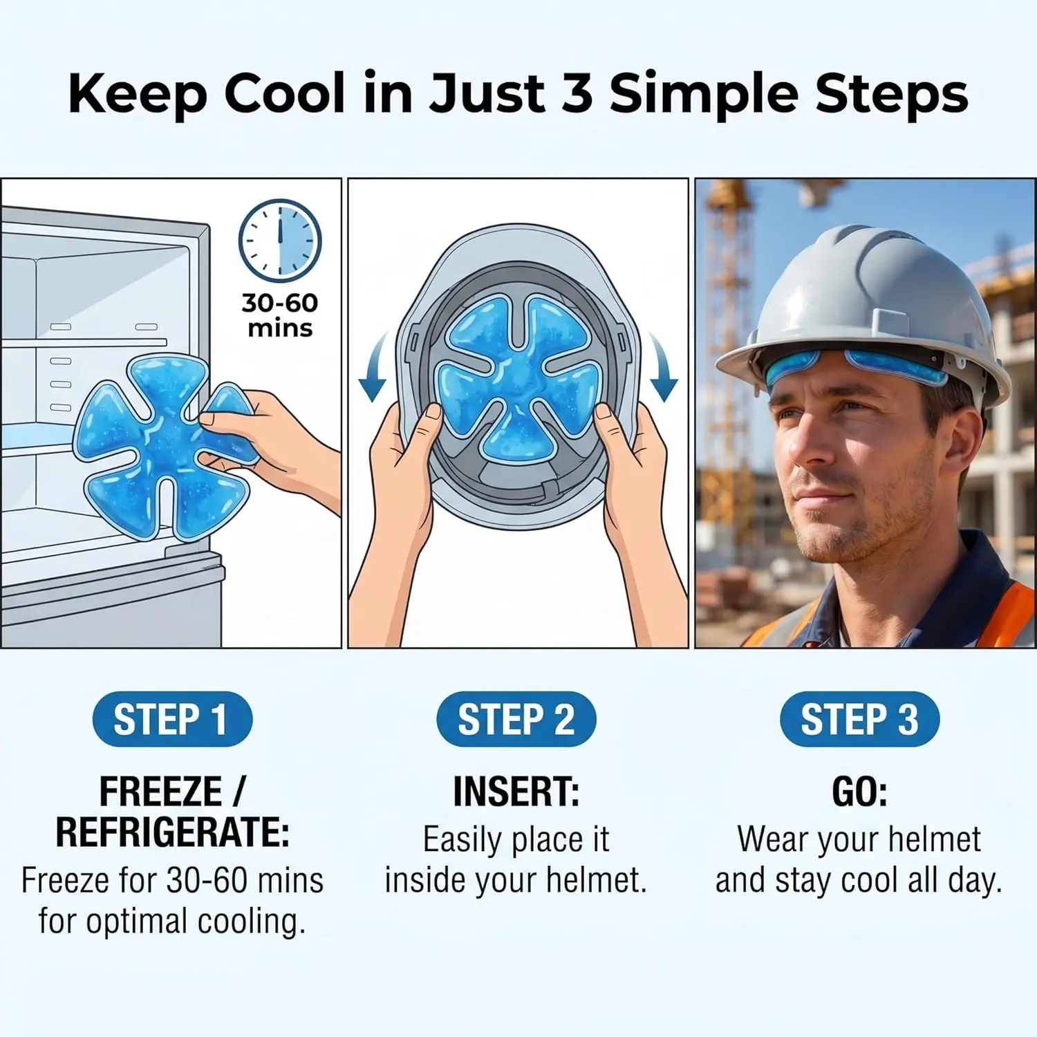Cooling Gel Ice Pack Inserts for Hard Hats & Sun Hats – Reusable
