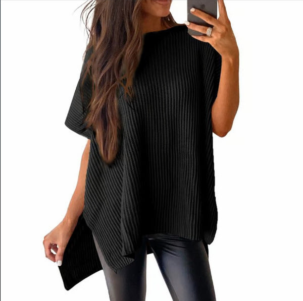 Women’s Oversized Knit Pullover Top – Puff Sleeve Round Neck Cotton Knitwear