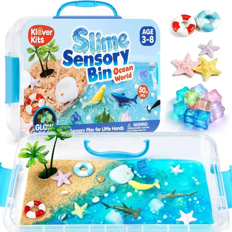 Klever Kits Sensory Bin for Toddlers – Sandbox with Lid, Glow-in-the-Dark Stones, 7 Themes