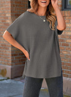 Women’s Oversized Knit Pullover Top – Puff Sleeve Round Neck Cotton Knitwear
