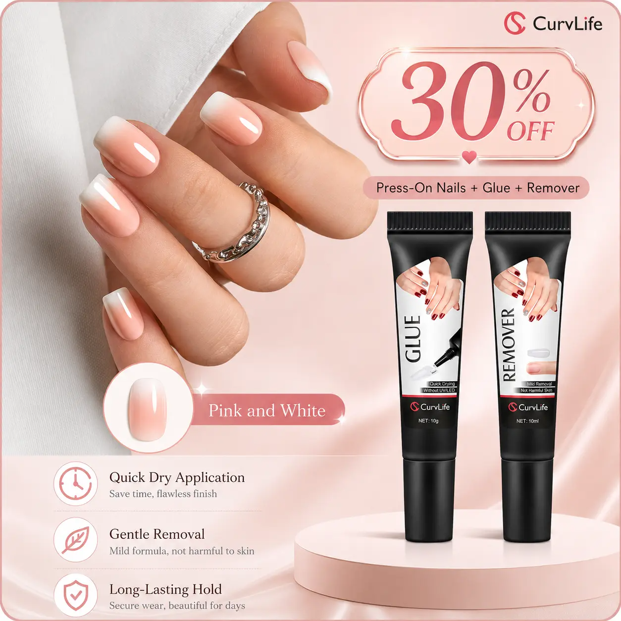 Nail Glue & Remover Kit | Quick-Dry Semi-Solid Press-On Nail Adhesive Gel – No UV Lamp Needed