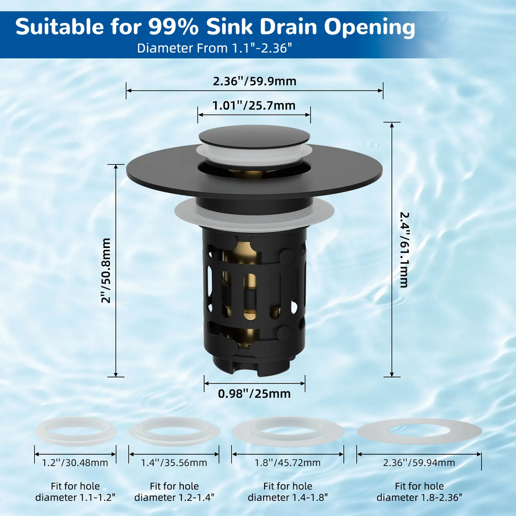 3-in-1 Bathroom Sink Drain Strainer with Pop-Up Stopper – Removable Stainless Steel Basket, Anti-Clog | Fits 1.1–2.36" Drains