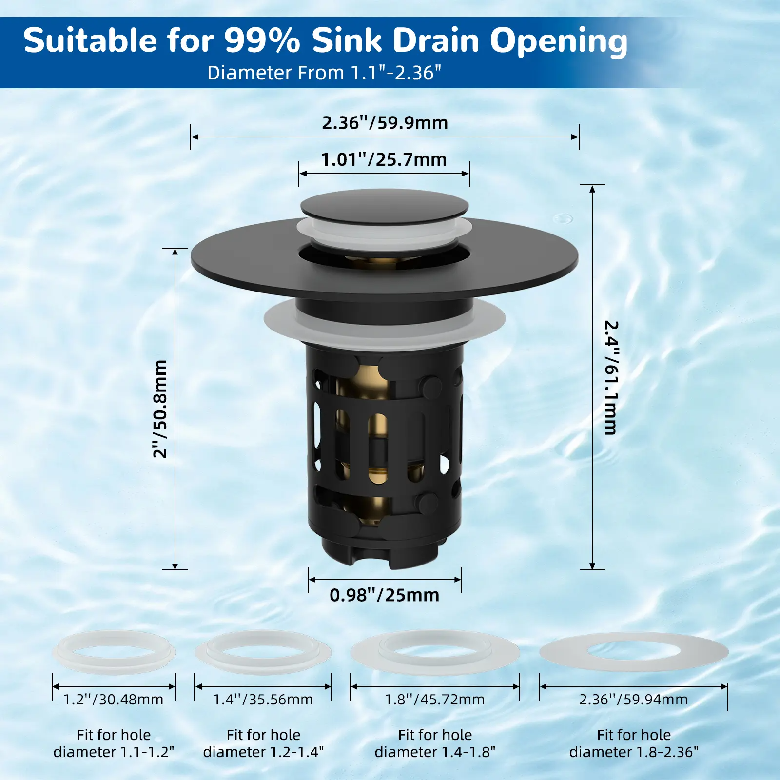 3-in-1 Bathroom Sink Drain Strainer with Pop-Up Stopper – Removable Stainless Steel Basket, Anti-Clog | Fits 1.1–2.36" Drains