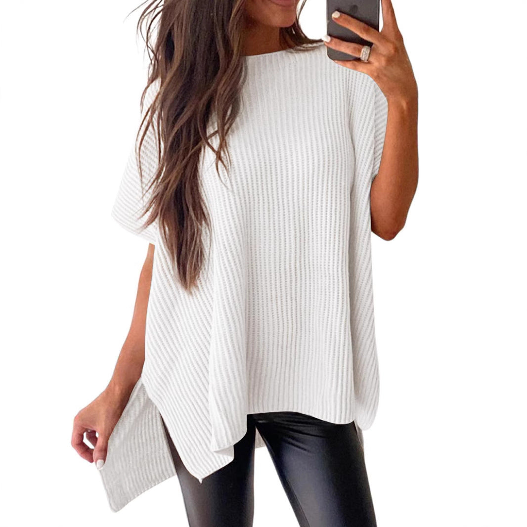 Women’s Oversized Knit Pullover Top – Puff Sleeve Round Neck Cotton Knitwear