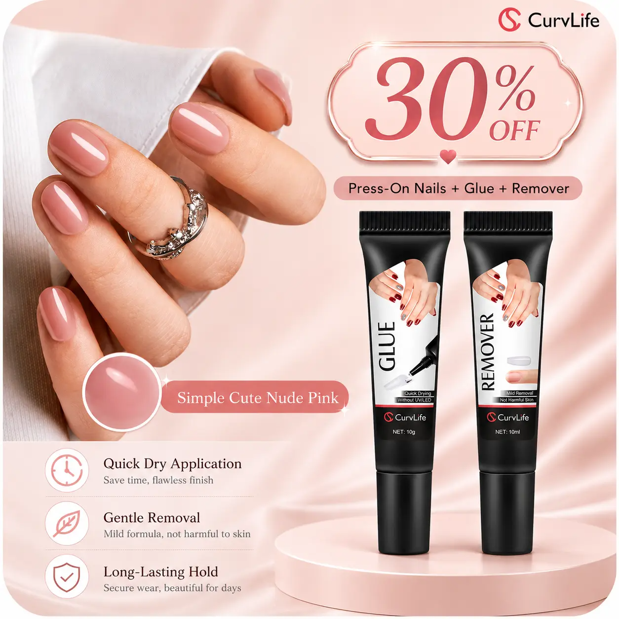 Nail Glue & Remover Kit | Quick-Dry Semi-Solid Press-On Nail Adhesive Gel – No UV Lamp Needed