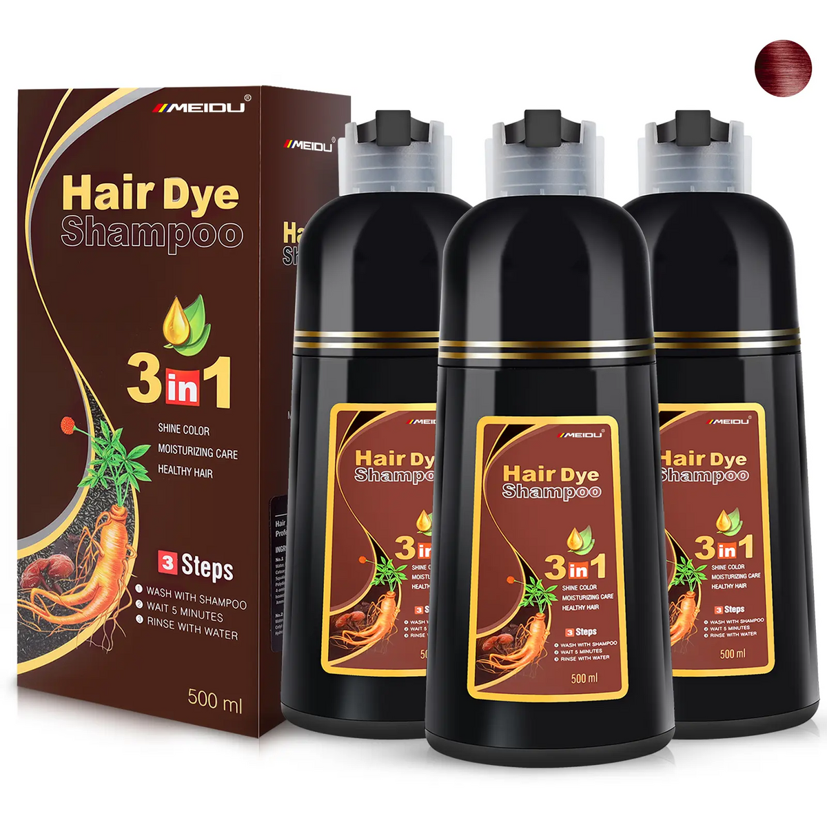 MEIDU 3-in-1 Herbal Hair Dye Shampoo – Ginseng, Grey Coverage, No Bleach