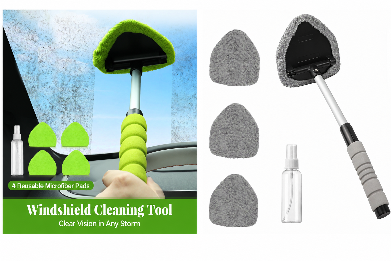 Car Windshield Cleaner – Extendable Handle, 180° Swivel Head & 3 Washable Microfiber Pads | Interior & Exterior