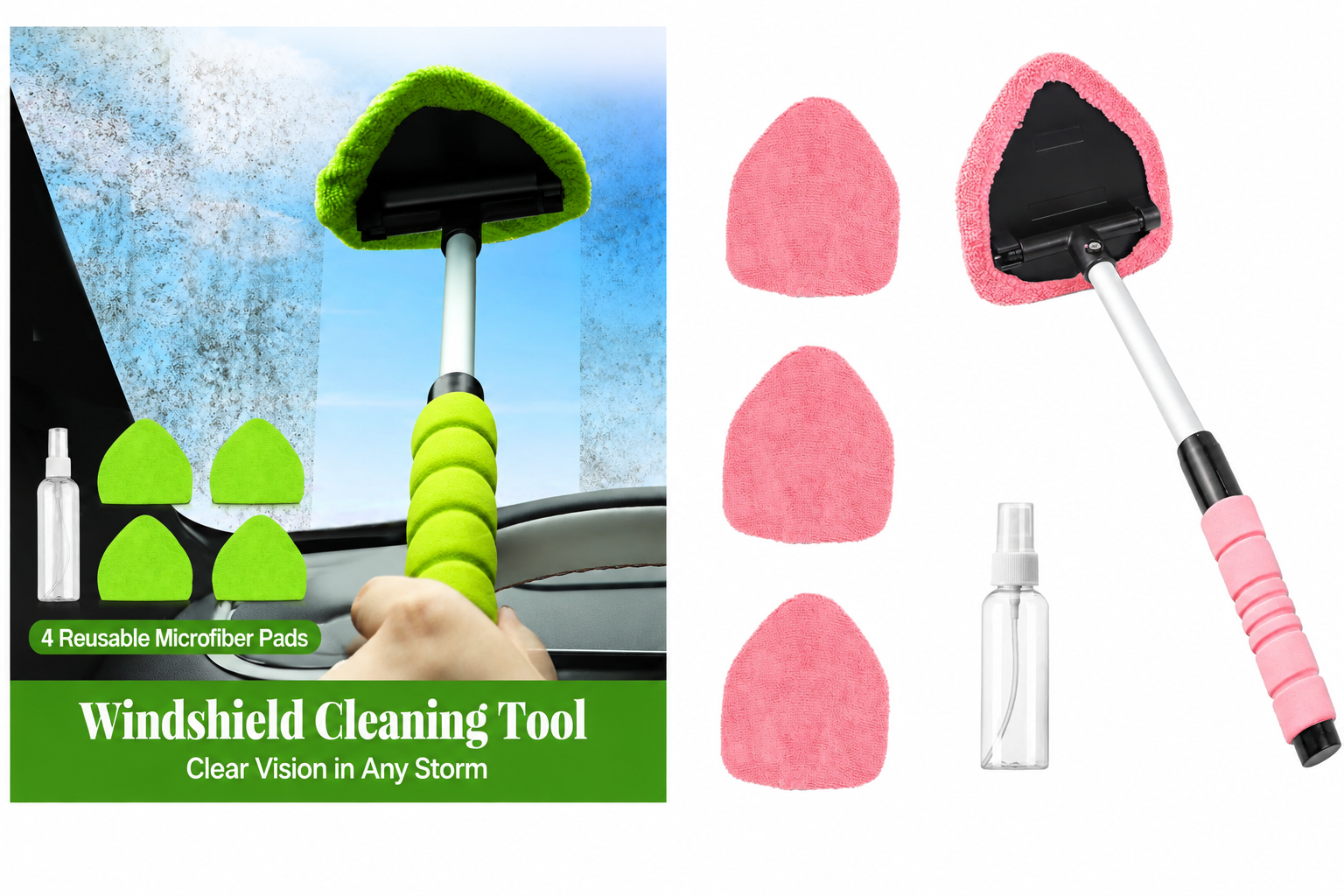 Car Windshield Cleaner – Extendable Handle, 180° Swivel Head & 3 Washable Microfiber Pads | Interior & Exterior