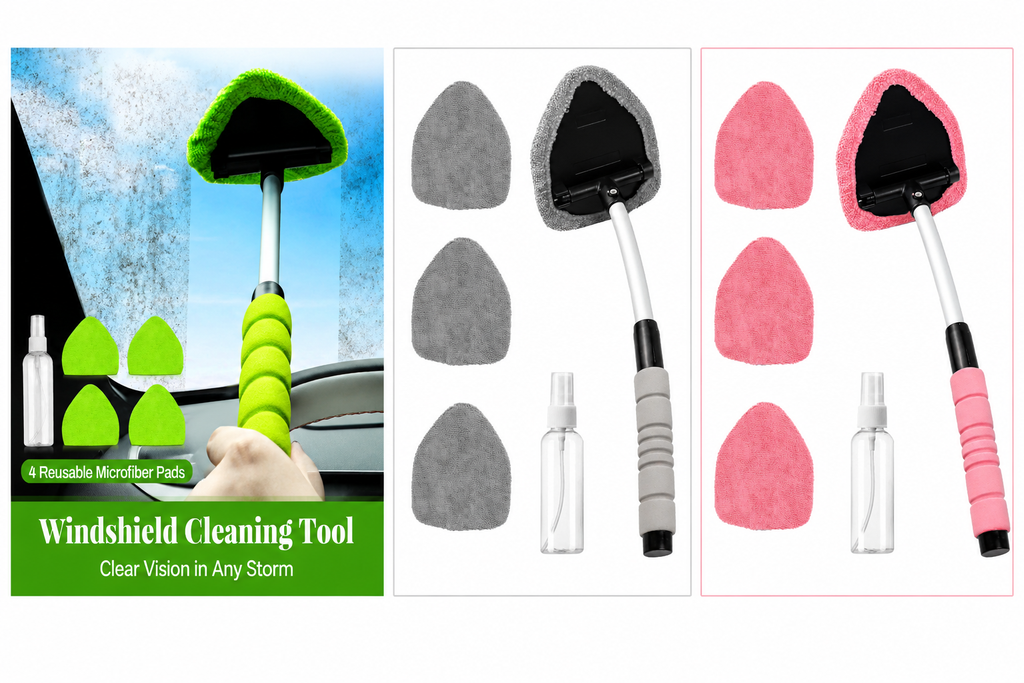 Car Windshield Cleaner – Extendable Handle, 180° Swivel Head & 3 Washable Microfiber Pads | Interior & Exterior