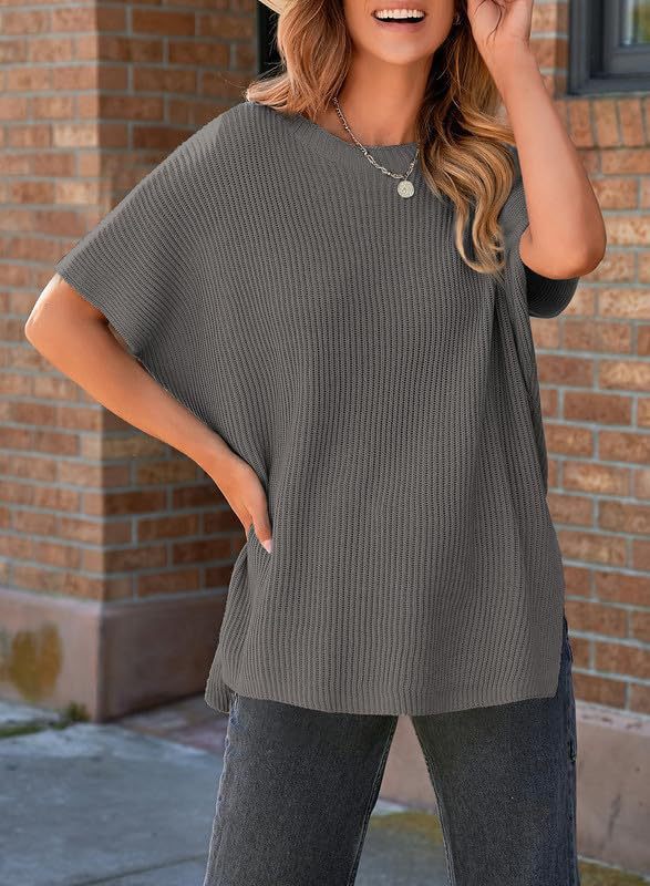 Women’s Oversized Knit Pullover Top – Puff Sleeve Round Neck Cotton Knitwear